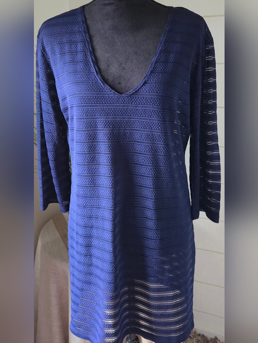 J. Valdi Tunic Cover Up Blue Textured Stripe V Neck Knit Coastal Resortware M
